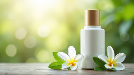 A sleek white cosmetic bottle with a gold cap, surrounded by white tropical flowers and green leaves, perfect for promoting luxury skincare or natural beauty products.