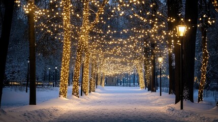 Twinkling lights strung along snow-covered trees in a quiet park, creating a magical winter scene