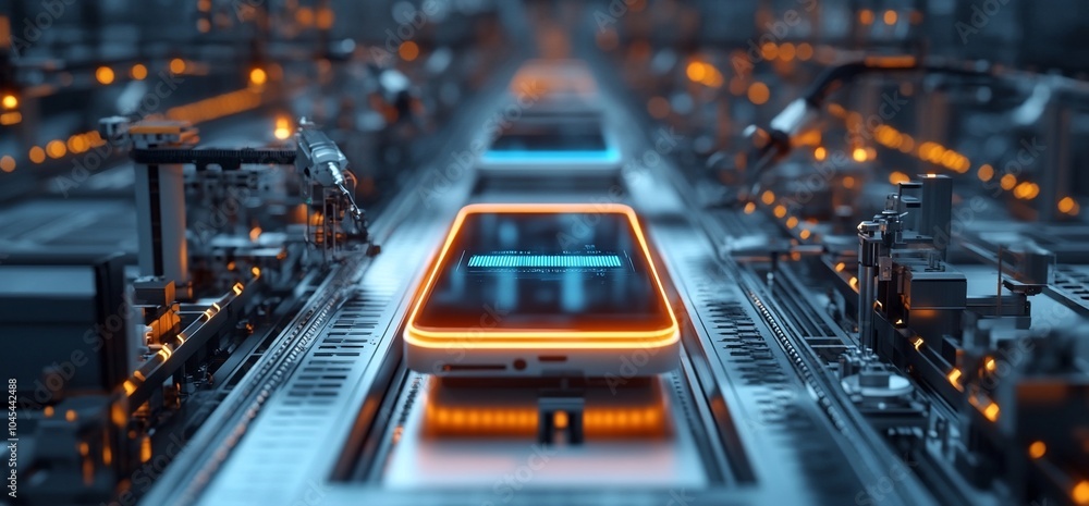 Aufkleber futuristic automated assembly line with a smartphone being produced.