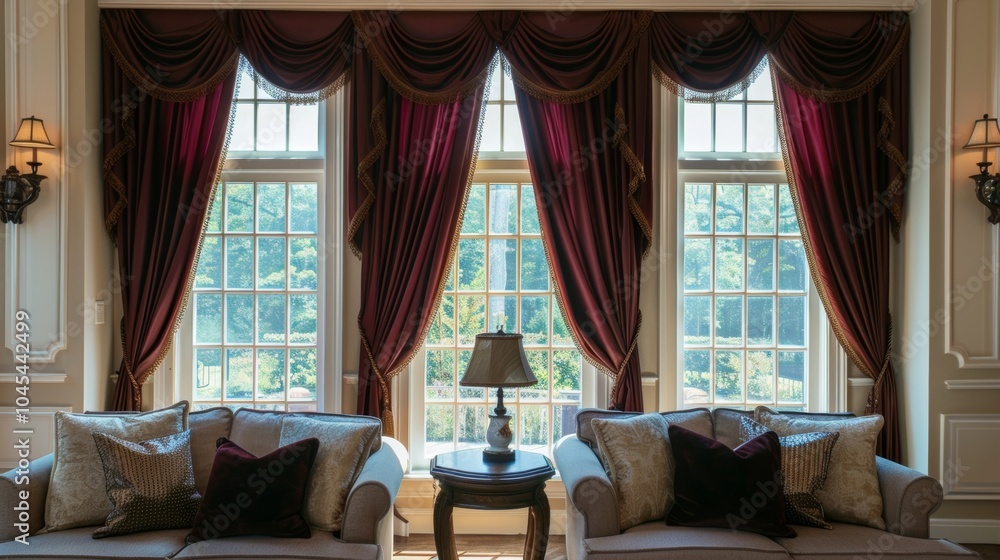 Poster sunlight streaming through large windows illuminating an elegant living room with comfortable sofas 