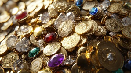 Golden Coins and Gemstones Piled Together in 3D View