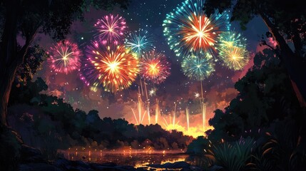 Colorful fireworks burst over a forest, lighting the night sky. No people, with room for text