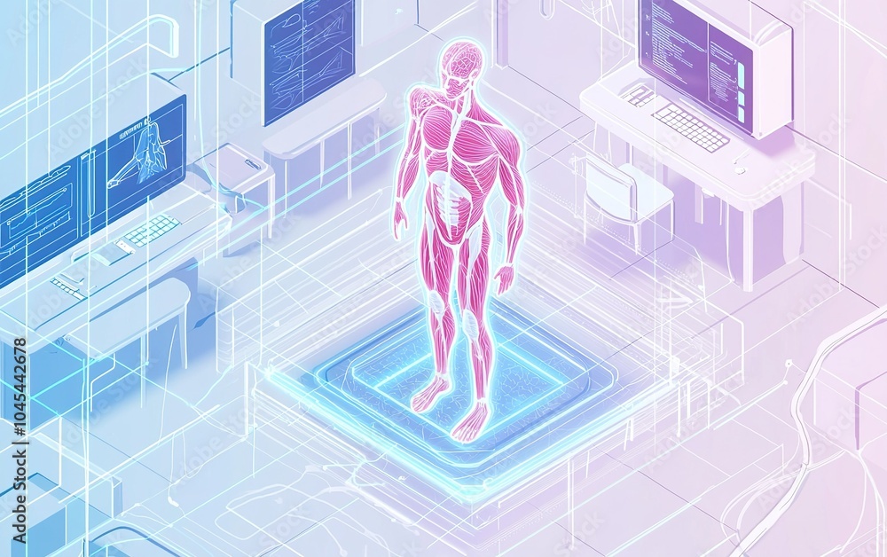 Poster 3d holographic display of human anatomy inside a futuristic laboratory setting with computers and di