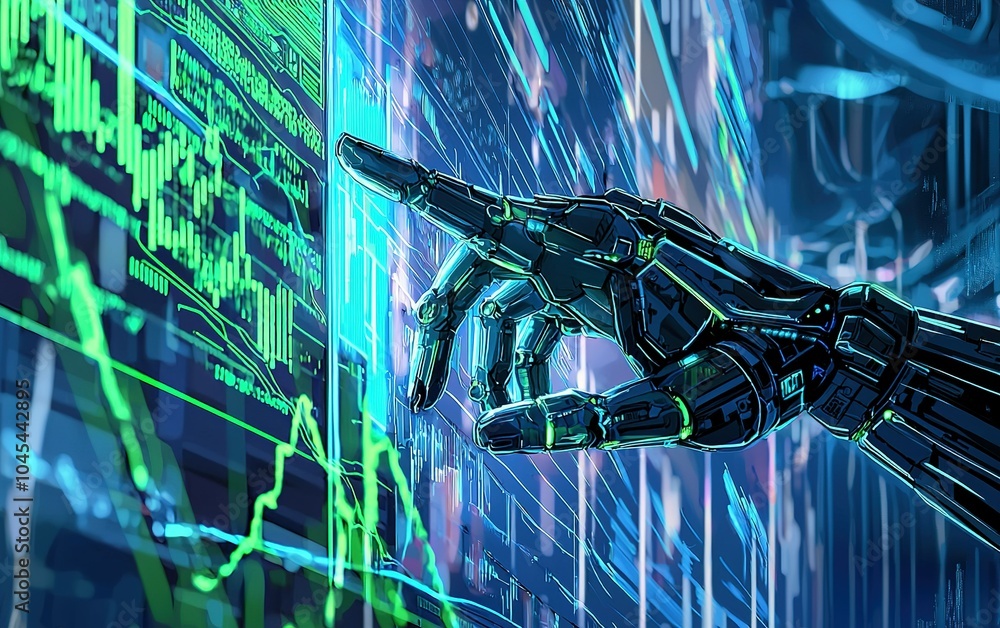 Poster a robotic hand interacts with a digital display showcasing financial data in a high-tech environment