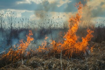 Fototapeta premium Wild fire burning dried grass on field during the day. Wild forest fire. Environmental concept
