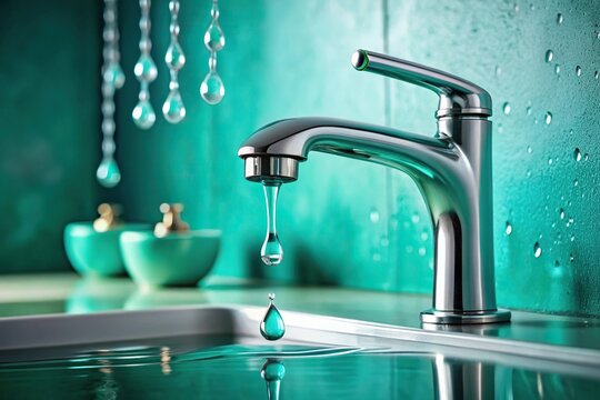 Teal droplets falling from a dripping faucet in a modern bathroom sink, drippy faucet, drip