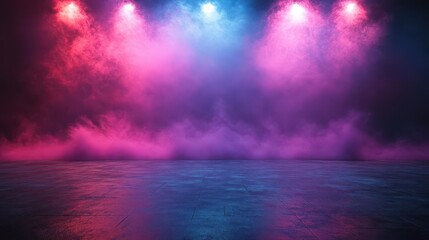 an empty stage shrouded in deep blue and purple hues illuminated by soft pink neon lights and swirling smoke creating a dramatic scene that beckons for a performance or unveiling of art