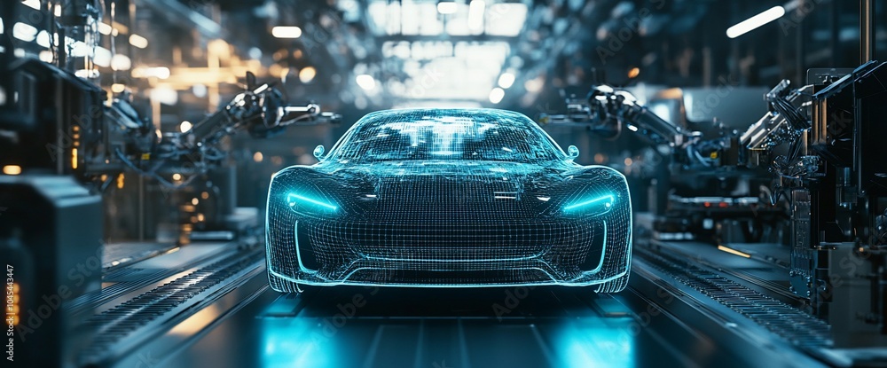 Aufkleber futuristic car on an assembly line being worked on by robotic arms.