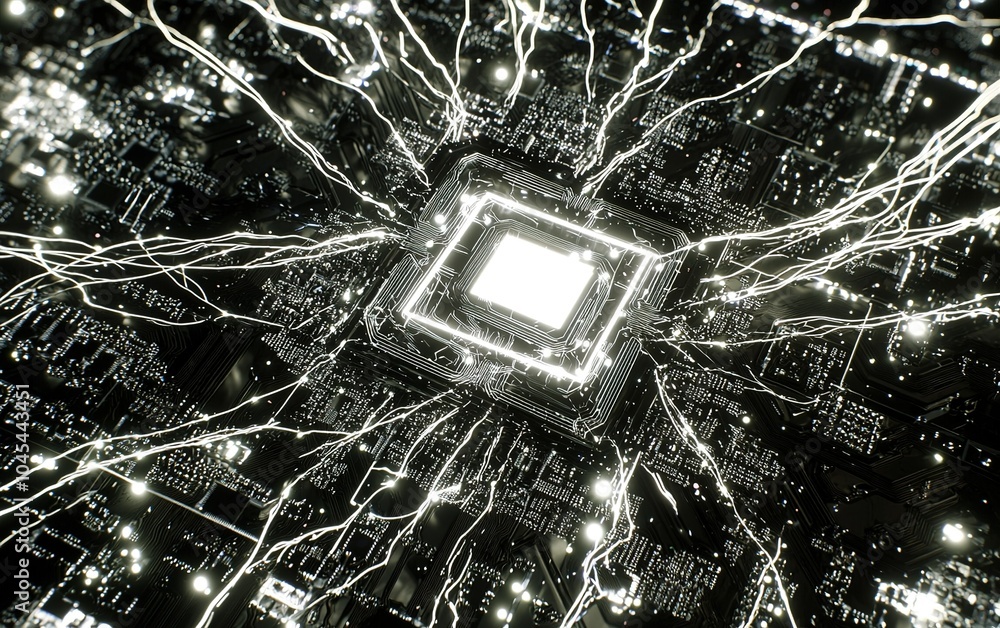Poster circuit board with glowing connections illustrating advanced technology and digital networks in a mo