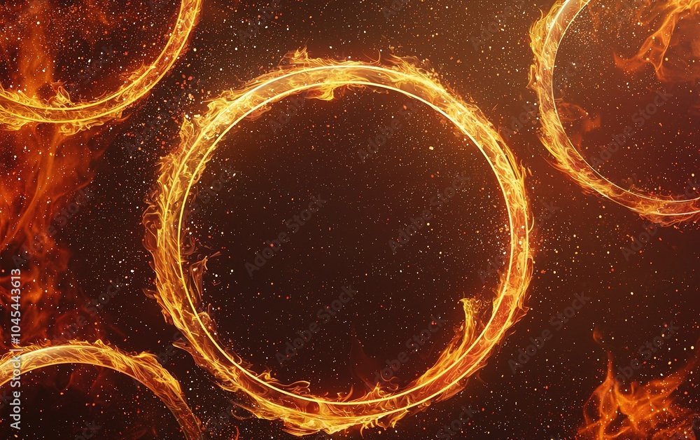 Poster a mesmerizing display of glowing fire rings against a dark background, creating an enchanting atmosp