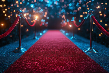 Red Event Carpet. Concept of Success and Triumph, luxury party entrance, cinema premiere film festival event award gala ceremony, wealthy rich guests arriving, outdoor decoration elements, summer day	