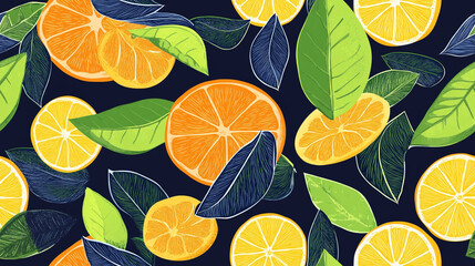 A colorful design of oranges and limes with green leaves. The design is vibrant and lively, with a sense of freshness and health
