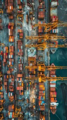 A vibrant port with colorful containers, yellow cranes, and a ship waiting for loading at night. Dark water and overcast sky add to the busy atmosphere.