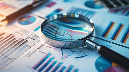 Magnifying glass on charts graphs spreadsheet paper. Business data analytics concept.
