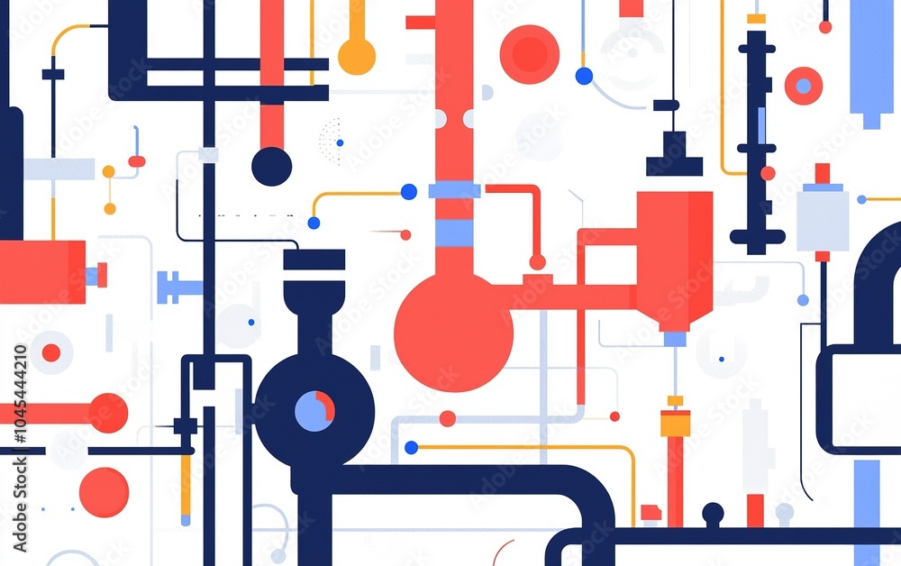 Poster colorful abstract representation of pipes and valves in a modern design setting showcasing fluid dyn