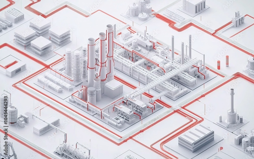 Poster an industrial complex with interconnected structures and pipelines in a modern design layout showcas