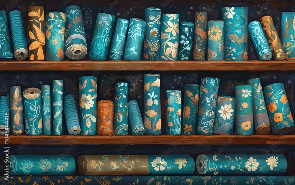 Poster a colorful array of patterned rolls fills shelves in a cozy craft space, showcasing an enchanting co