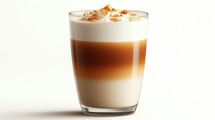an iced caramel macchiato stands isolated against a bright white background showcasing its creamy layers and rich color inviting a sense of refreshment and indulgence