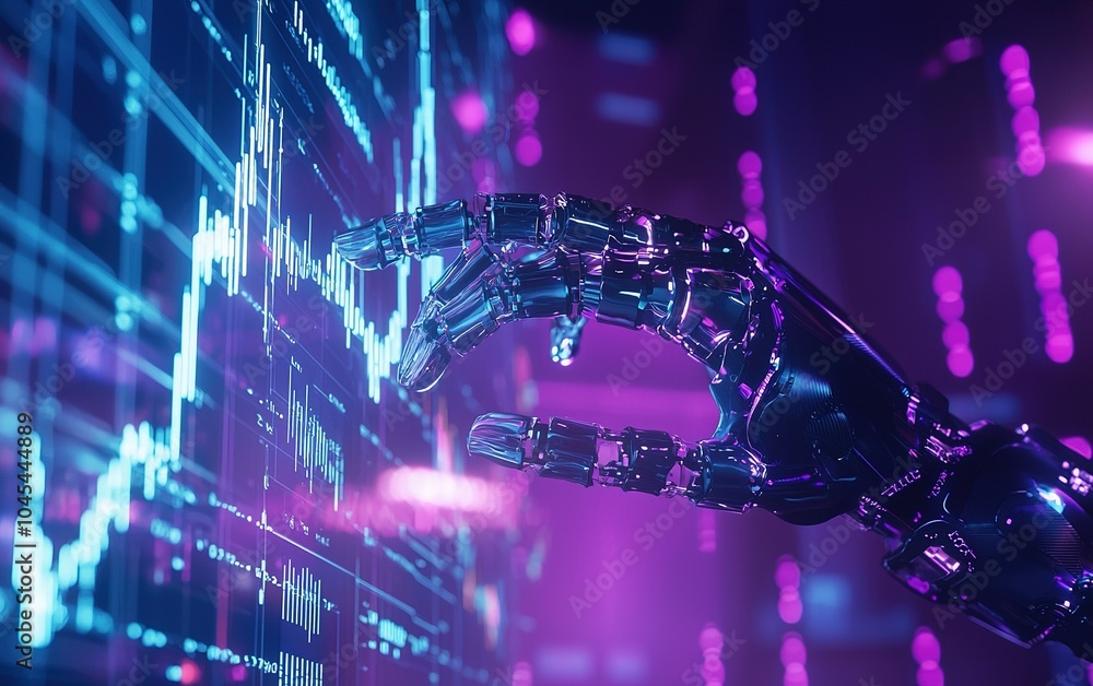 Poster a futuristic robotic hand interacts with vibrant data visualizations in a high-tech environment at n