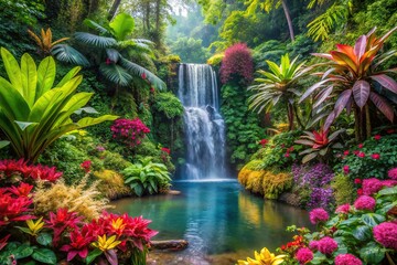 Tropical garden with colorful flowers and waterfall in the jungle