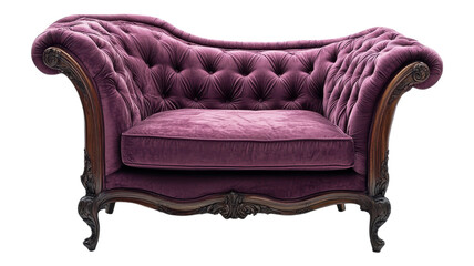 Elegant tufted purple loveseat with ornate wooden legs and vintage design, perfect for a cozy living room or stylish interior decor.