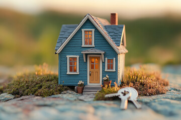 A miniature model of a cozy tiny house with a set of silver keys placed beside it, symbolizing the concept of purchasing a small home or property in the real estate market. Design architectural plan