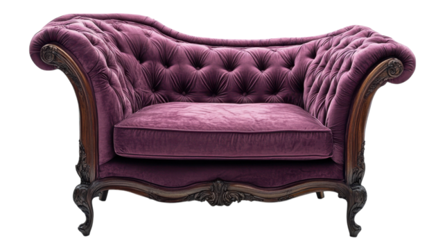 Elegant tufted purple loveseat with ornate wooden legs and vintage design, perfect for a cozy living room or stylish interior decor.