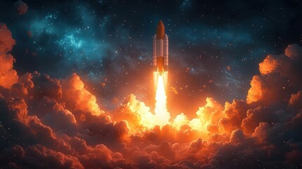 Obraz premium an imaginative rocket soaring through fluffy clouds illustrated in a convincing manner to symbolize success and aspiration in the realm of space exploration and company growth