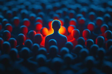 A standout individual illuminated among a crowd, a glowing man standing among a group of people in darkness, symbolizing self-promotion and personal branding.