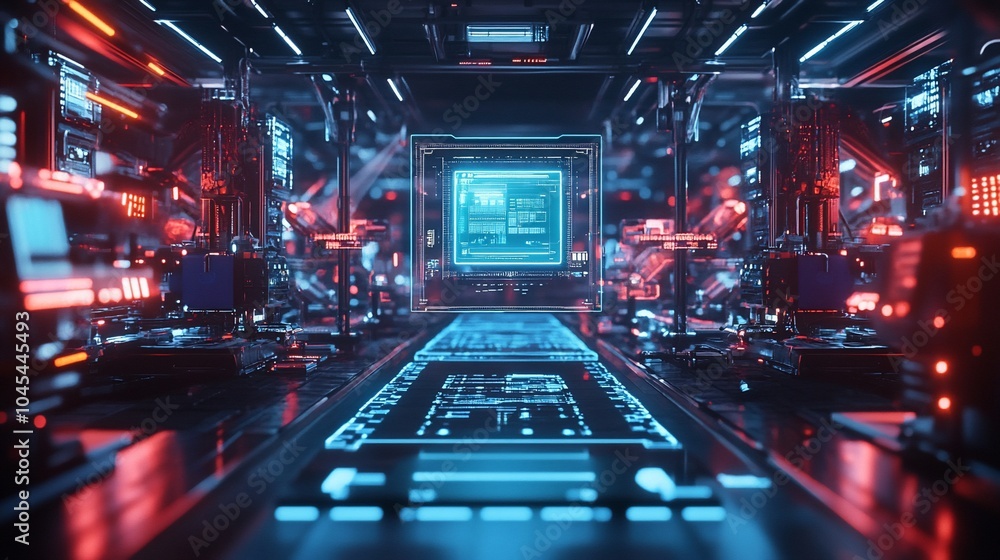 Poster Futuristic data center with glowing blue and red lights, showing a large central processor unit.