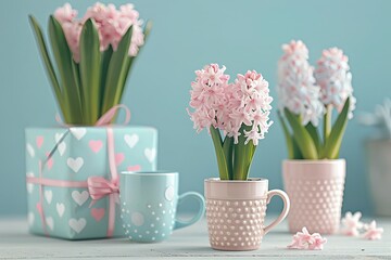Obraz premium Three pink and blue hyacinth flowers in pots and a gift box with hearts on a white table.