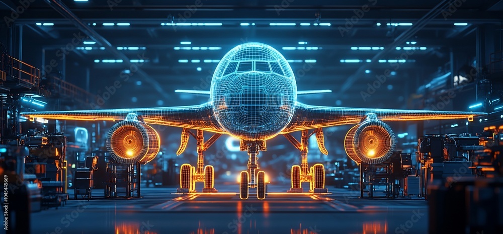 Poster futuristic digital airplane in a hangar with glow effects and workers.