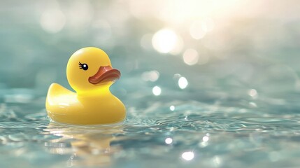 Yellow Rubber Duck Floating in Blue Water with Bokeh Background