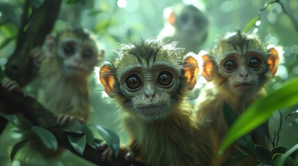 Obraz premium A Close-Up of Three Young Monkeys in a Lush Green Forest