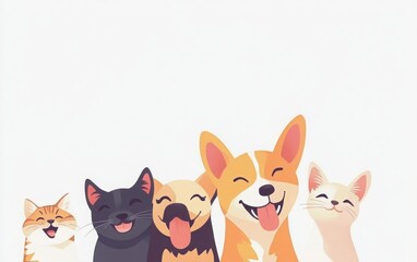 Obraz premium A delightful design featuring happy dogs and cats on a white banner, perfect for enhancing a pet care website or serving as an engaging social media header