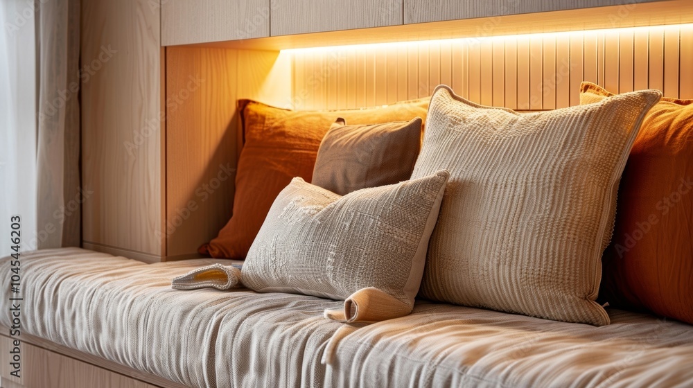 Poster built in shelf is illuminating pillows adding to the cozy atmosphere of this home. the cushions are 