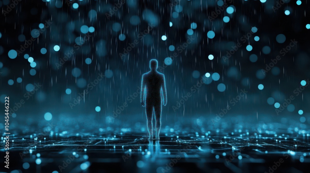 Poster A digital figure amidst a rain of data exploring the intersection of technology and humanity
