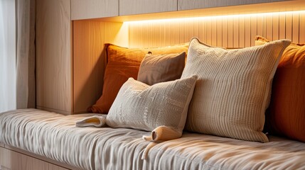 Built in shelf is illuminating pillows adding to the cozy atmosphere of this home. The cushions are different neutral colors and textures