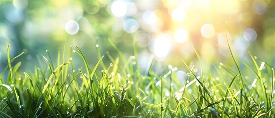 Obraz premium Lush green grass in a serene morning landscape with vibrant sunlight and bokeh