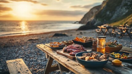 Enjoy a Sunset Beach BBQ with Grilled Meats and Refreshing Drinks by the Ocean