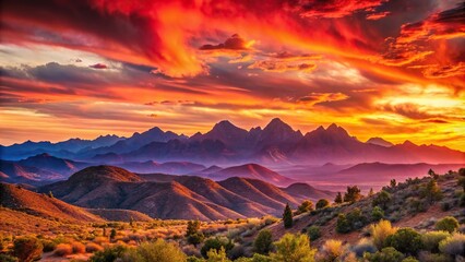 Vibrant shades of coral and crimson paint the western sky as the sun slowly dips below the horizon amidst a backdrop of rugged mountains and rolling hills, clouds, nature