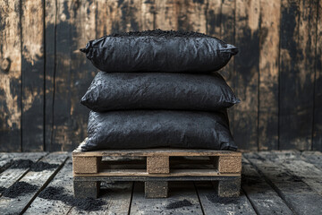 Obraz premium Biochar in black paper carbon bag on a wooden pallet background. Sustainable agriculture and eco-friendly packaging of fertilizer