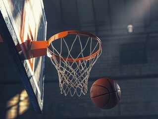 Fototapeta premium Dynamic 3D Basketball Going Through the Hoop