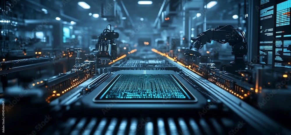 Poster futuristic factory interior with robotic arms and a circuit board in the foreground.