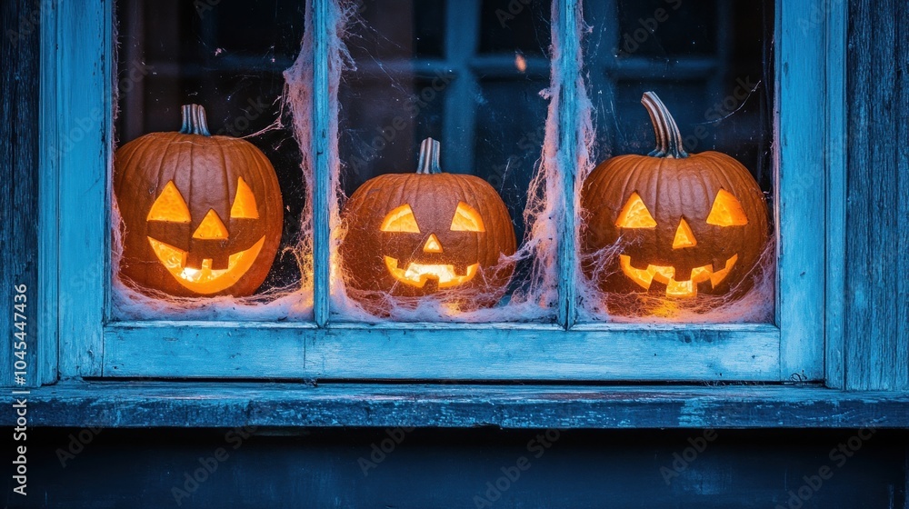 Poster three glowing jack-o'-lanterns in a window with cobwebs.