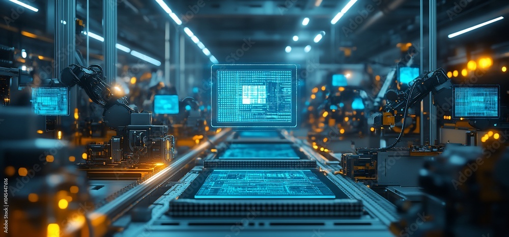 Poster futuristic factory production line with robotic arms and digital screens.