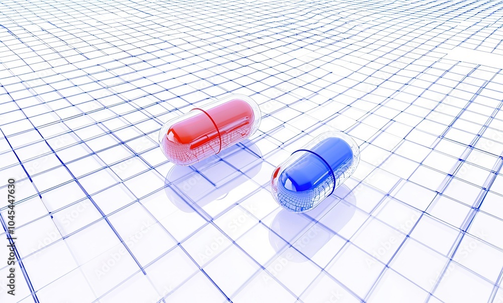 Poster two colorful capsules placed on a reflective grid surface, highlighting the contrast between red and