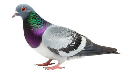 Fototapeta premium A detailed look at a vibrant pigeon with striking feathers and colorful markings standing calmly on a surface.