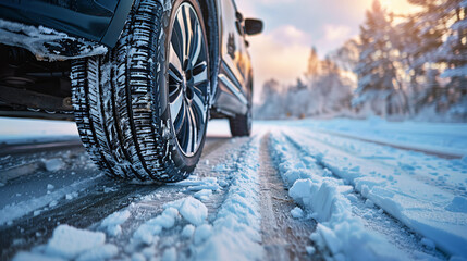 Close up of car tires in winter on the road covered with snow. Winter tire with copy space	