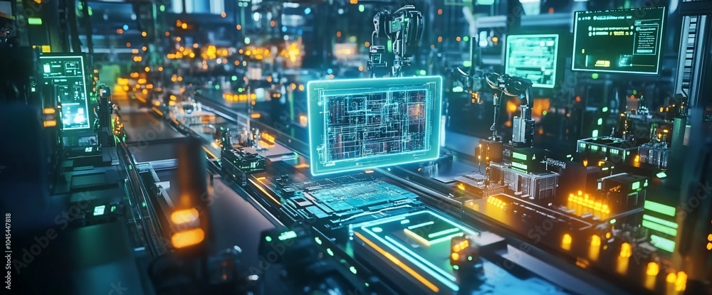 Poster futuristic factory with a conveyor belt and glowing screens, showcasing the automation and technolog